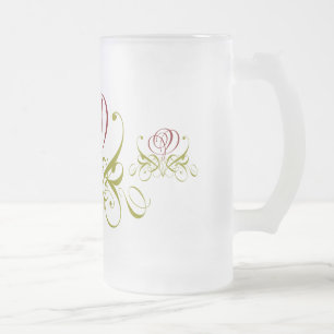 Maroon Flourish Rose Frosted Glass Beer Mug