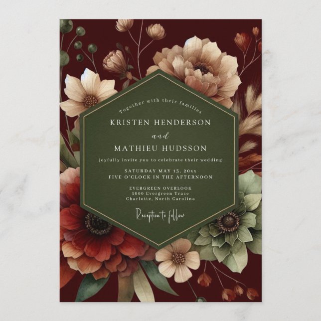 Maroon Forest Bloom Wedding Invitation (Front)