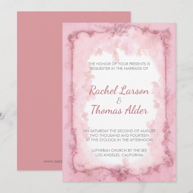Maroon Frame And Light Pink Roses Wedding Invitation (Front/Back)