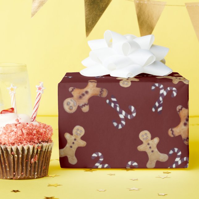 Maroon Gingerbread men & Candy Cane Christmas Wrap Wrapping Paper (Birthday Party)