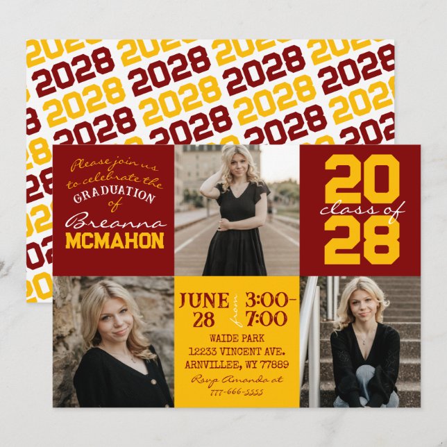 Maroon & Gold 3 Photo Graduation Invitation (Front/Back)