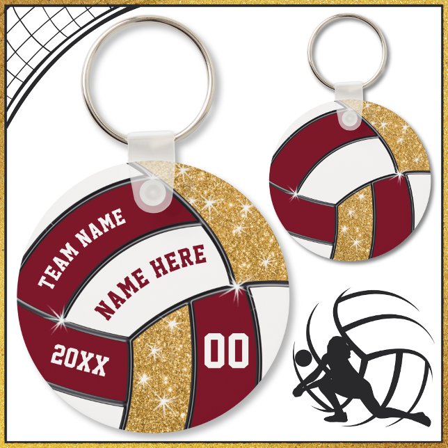 Maroon, Gold and White Cheap Volleyball Souvenirs Key Ring (Cheap Maroon, Gold and White, Volleyball Souvenirs. Volleyball  Trinkets. Volleyball Novelty items.)