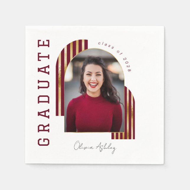 Maroon Gold Arch Photo Graduation Napkin (Front)