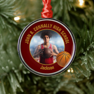 Maroon Gold Basketball Player Photo Christmas Metal Tree Decoration