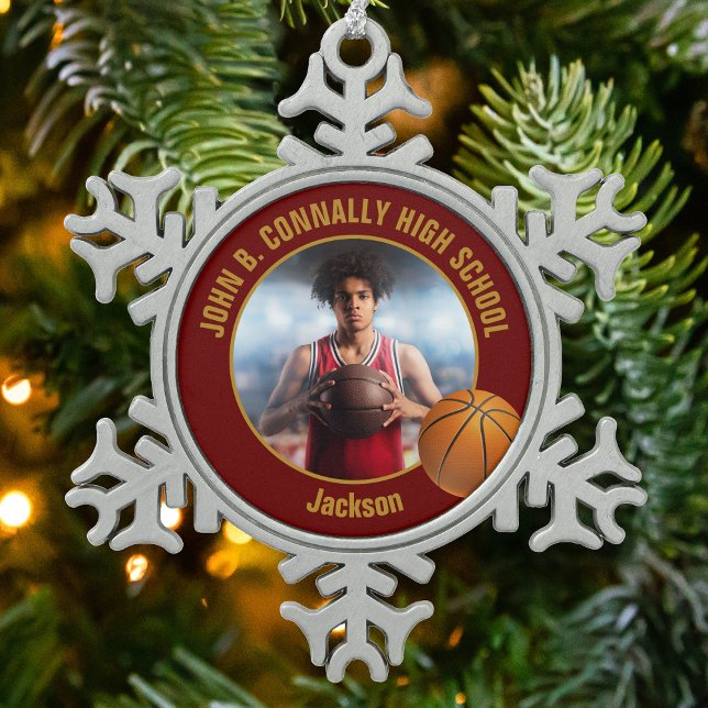 Maroon Gold Basketball Player Photo Snowflake Pewter Christmas Ornament (Creator Uploaded)