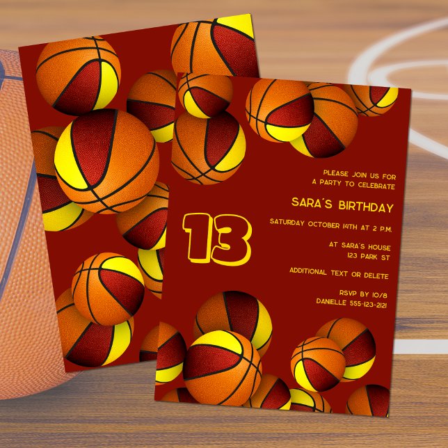 maroon gold basketballs kids sports birthday invitation (front and back views)