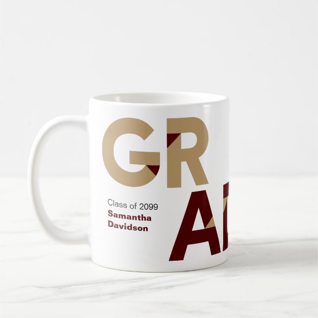 Maroon Gold Big Bold Angle-Cut Letters Graduation Coffee Mug (Left)