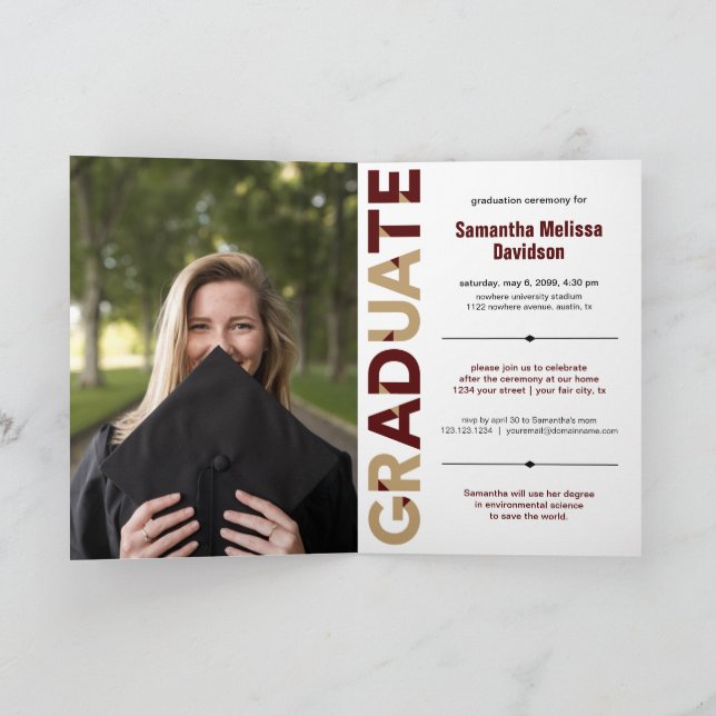 Maroon Gold Big Bold Angle-Cut Letters Graduation Invitation (Inside)
