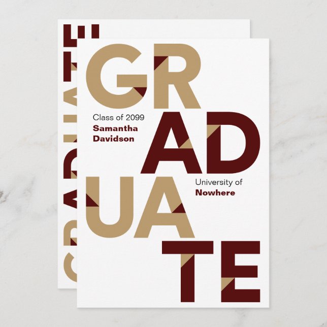 Maroon Gold Big Bold Angle-Cut Letters Graduation Invitation (Front/Back)