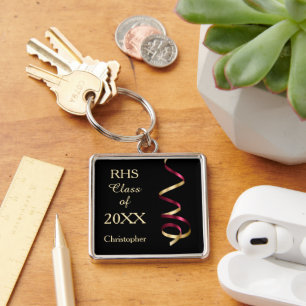 Maroon Gold Black Ribbon Swirl Graduation Keychain