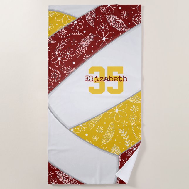 maroon gold boho floral paisley pattern volleyball beach towel (Front)