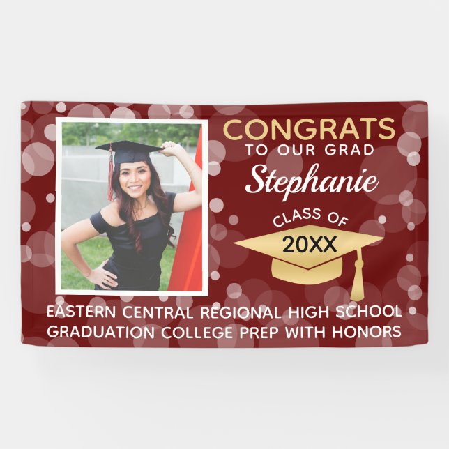 Maroon Gold Bubbles Congrats Photo Graduation Banner (Horizontal)