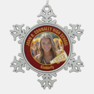 Maroon Gold Cheerleader Photo High School Snowflake Pewter Christmas Ornament