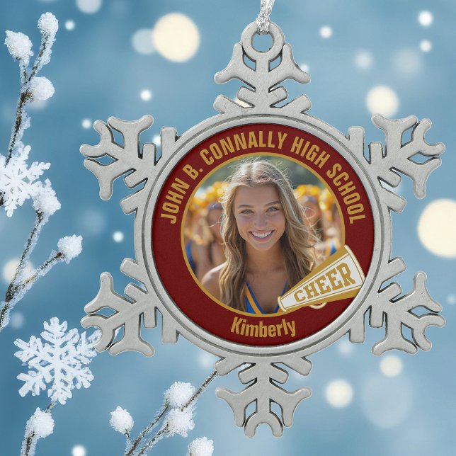 Maroon Gold Cheerleader Photo High School Snowflake Pewter Christmas Ornament (Creator Uploaded)
