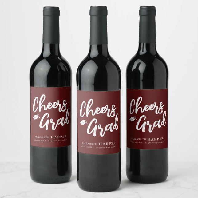 Maroon Gold Cheers Grad Brush Script Graduation  Wine Label (Bottles)