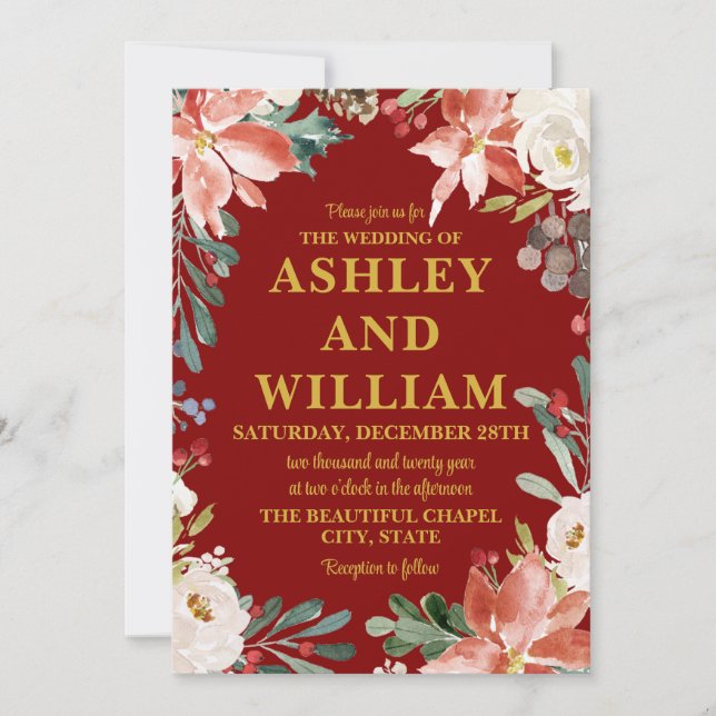 Maroon Gold Chic Christmas Winter Greenery Wedding Invitation (Front)