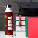 Maroon Gold Class of 2024 Personalised Graduation Water Bottle<br><div class="desc">This classic maroon gold custom senior graduate water bottle features bold white typography reading class of 2024 in varsity letters for a high school or college graduation party keepsake gift. Customise with your name in elegant gold script underneath for a great commemorative favour.</div>