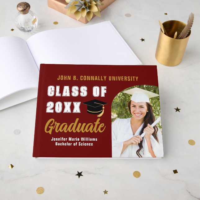 Maroon Gold Class of 2025 Photo Custom Graduation Guest Book (Front Open)
