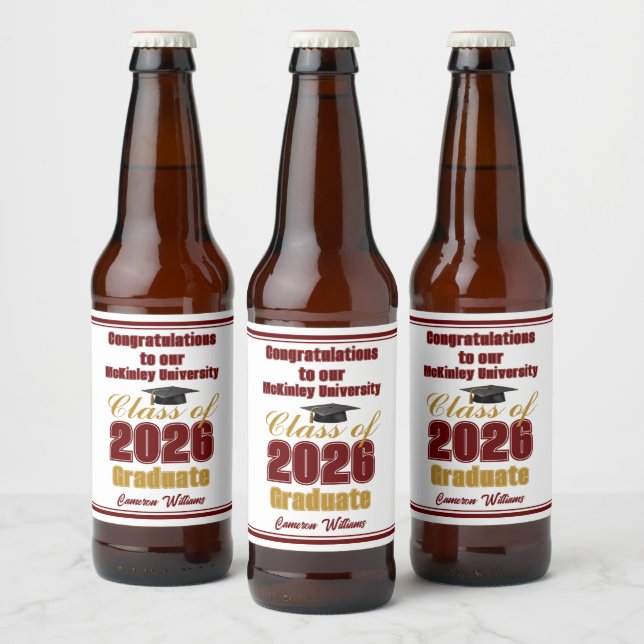 Maroon Gold Class of 2026 Custom Graduation Party Beer Bottle Label (Bottles)