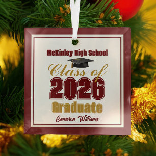 Maroon Gold Class of 2026 Graduation Christmas Glass Tree Decoration