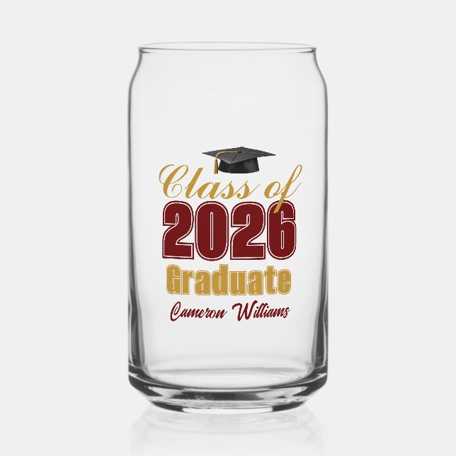 Maroon Gold Class of 2026 Graduation Party Can Glass (Front)