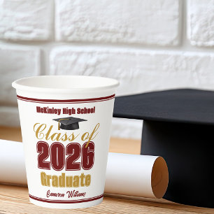 Maroon Gold Class of 2026 Graduation Party Paper Cups