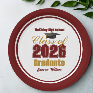 Maroon Gold Class of 2026 Graduation Party Paper Plate
