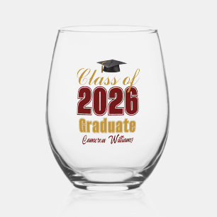 Maroon Gold Class of 2026 Graduation Party Stemless Wine Glass