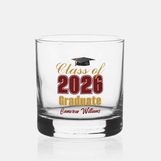 Maroon Gold Class of 2026 Graduation Party Whiskey Glass (Front)