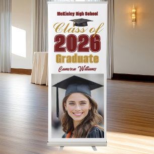 Maroon Gold Class of 2026 Photo Graduation Party Retractable Banner