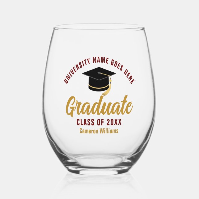 Maroon Gold College Graduation Custom Graduate Stemless Wine Glass (Front)