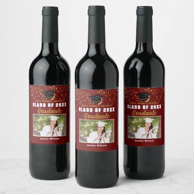 Maroon Gold College Graduation Party Photo Wine Label (Bottles)