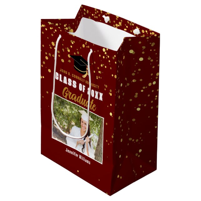 Maroon Gold College Graduation Photo Party Medium Gift Bag (Front Angled)