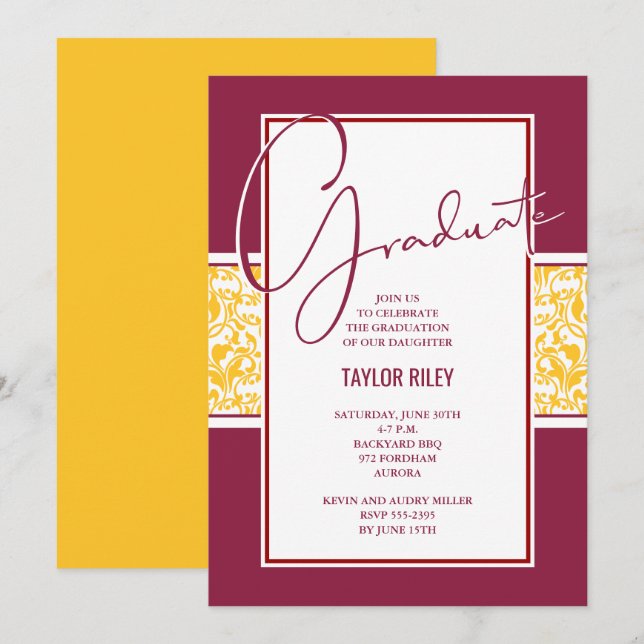 Maroon Gold Damask Graduation Invitation (Front/Back)