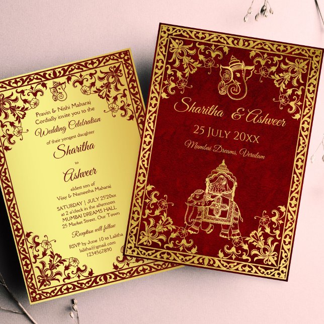 Maroon gold elephant Indian brides luxury wedding Invitation (Maroon and gold Indian wedding elephant Indian brides luxury Invitation template instant download)