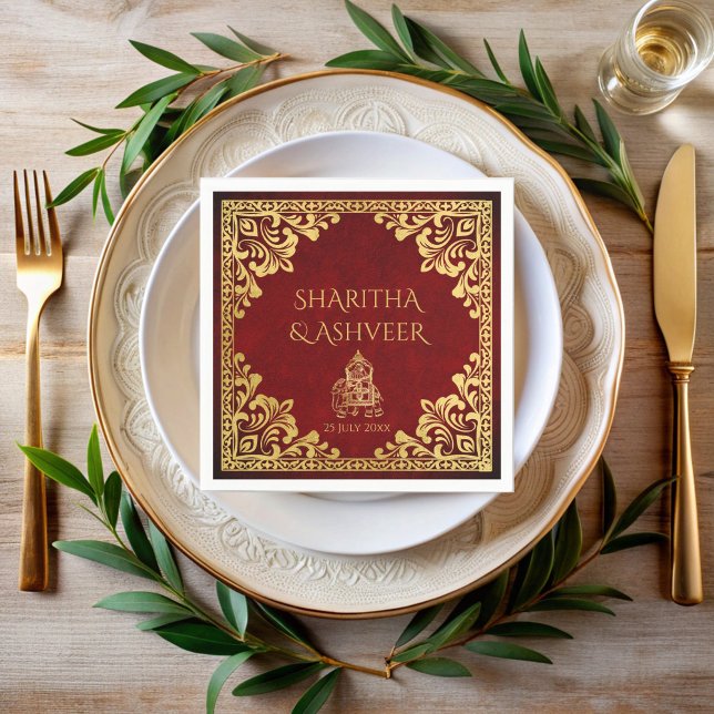 Maroon gold elephant Indian brides luxury wedding Napkin (Maroon gold elephant Indian brides luxury wedding monogrammed Napkins personalized napkins)