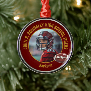 Maroon Gold Football Player Photo Christmas Metal Tree Decoration