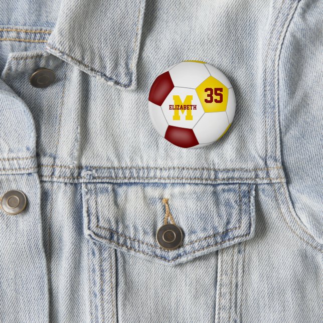 Maroon gold girls boys soccer team colours 6 cm round badge (In Situ)