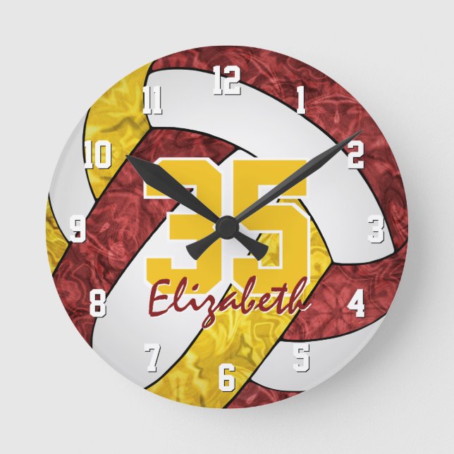 maroon gold girls sports team colours volleyball round clock (Front)
