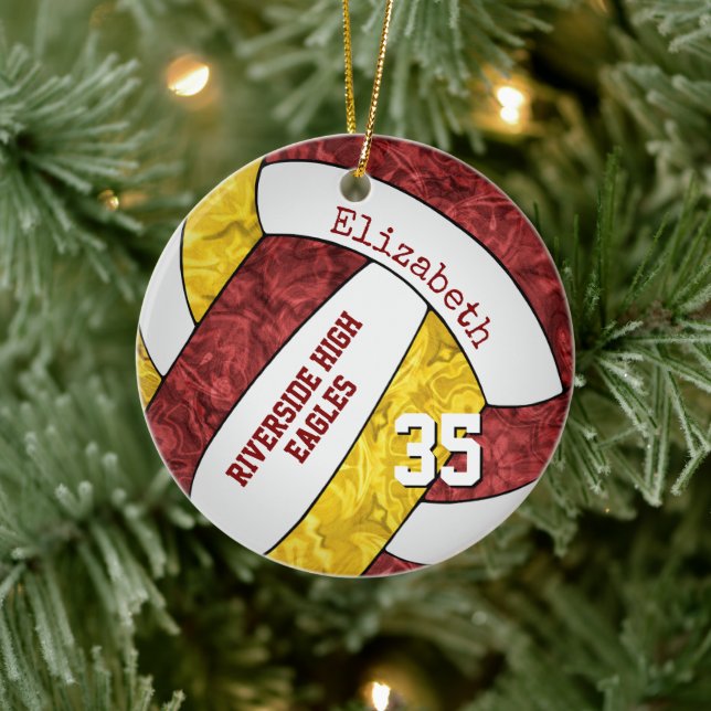 Maroon gold girly volleyball team colours ceramic tree decoration (Tree)