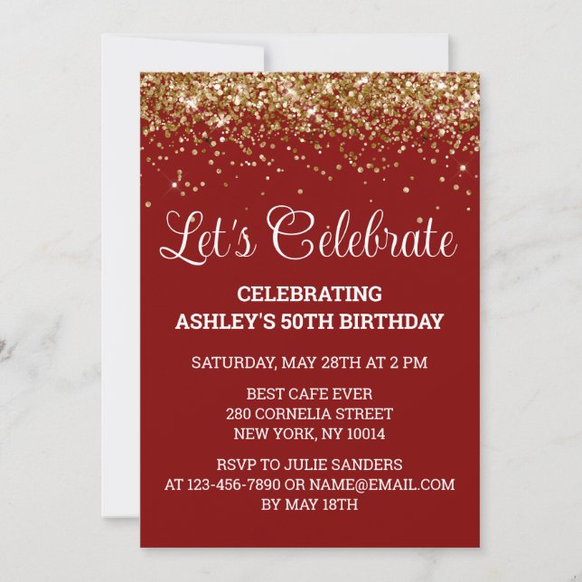 Maroon Gold Glitter 50th Birthday Let's Celebrate Invitation (Front)
