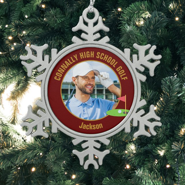 Maroon Gold Golfer Photo High School Golf Team Snowflake Pewter Christmas Ornament (Creator Uploaded)