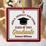Maroon Gold Graduate 2023 Personalized Christmas Ceramic Ornament<br><div class="desc">This modern maroon and gold custom graduate Christmas ornament feature classy typography of your university or college name for the class of 2023. Customize with your graduating year next to the chic handwritten script and black grad cap for a great personalized congratulations graduation gift.</div>