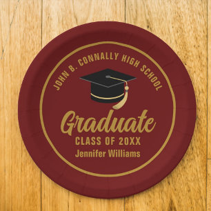 Maroon Gold Graduate Custom 2025 Graduation Party Paper Plate