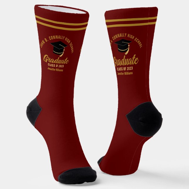 Maroon Gold Graduate Personalised 2025 Graduation Socks (Angled)