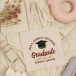 Maroon Gold Graduate Personalized 2023 Graduation Tote Bag<br><div class="desc">These modern maroon and gold custom senior graduate tote bag features your high school or college name for the class of 2023. Customize with your graduating year under the chic handwritten script and black grad cap for a great personalized graduation party favor gift.</div>