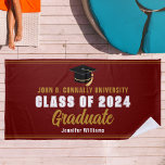Maroon Gold Graduate Photo 2025 Graduation Party Beach Towel<br><div class="desc">This modern maroon and gold custom senior graduation party beach towel features classy typography and your college name for the class of 2025 and white Varsity letters. Customise with your graduate name under the chic handwritten script and black grad cap for a great commemorative keepsake gift.</div>