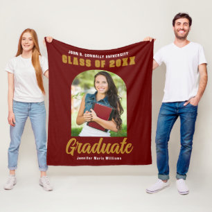 Maroon Gold Graduate Photo Arch 2024 Graduation Fleece Blanket