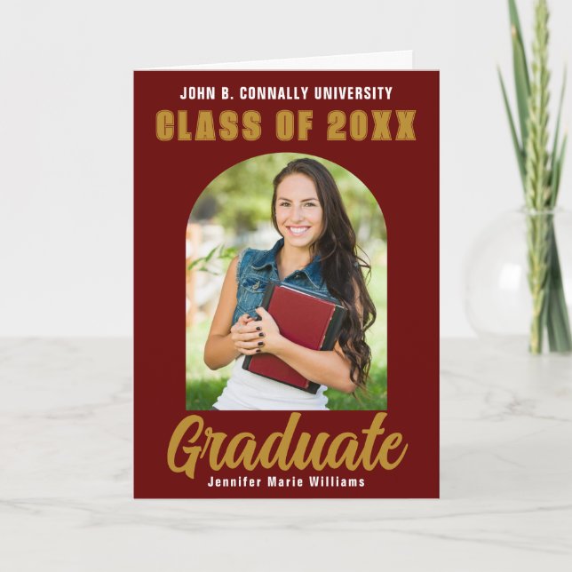 Maroon Gold Graduate Photo Arch Folded Graduation Announcement (Front)