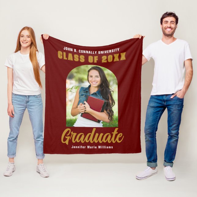 Maroon Gold Graduate Photo Arch Graduation Fleece Blanket (In Situ)